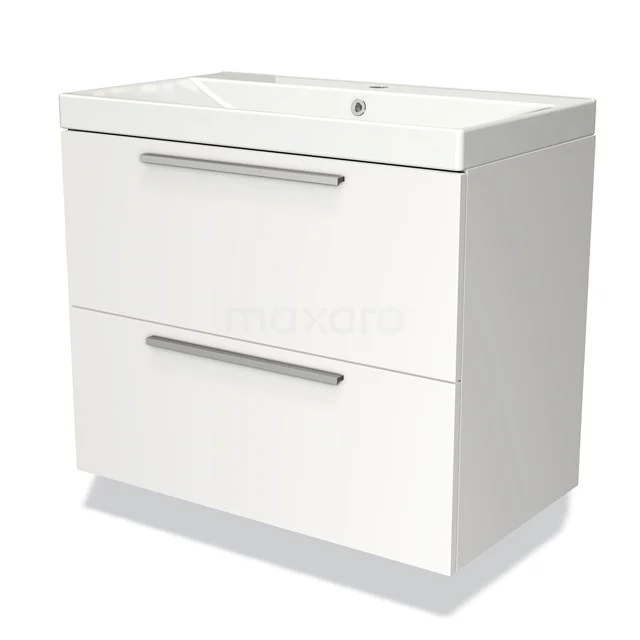 Weiße Badmöbelset mit keramischem Waschbecken, zwei metallischen Haltegriffen und Softclose-Schubladen, modernes und platzsparendes Design.