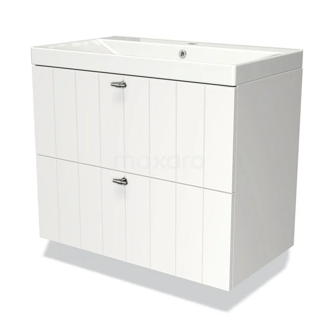 Weißes Badezimmermöbel mit zwei Schubladen, vertikalen Linien, keramischem Waschbecken und chromatischen Haltegriffen, modernes Design.