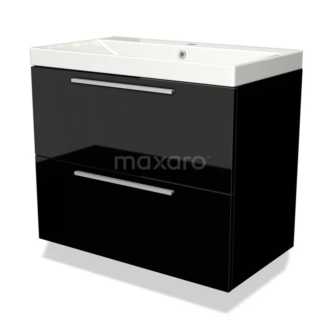 Zwart wandmeubel met glanzende afwerking, twee laden en witte wastafel; modern badkamerdesign met praktische opbergruimte.