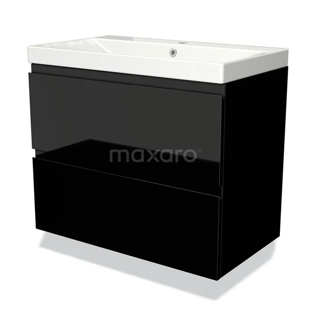 Zwart badkamermeubel met glanzende lades en geïntegreerde witte wastafel, modern design, perfect voor een stijlvolle badkamer.