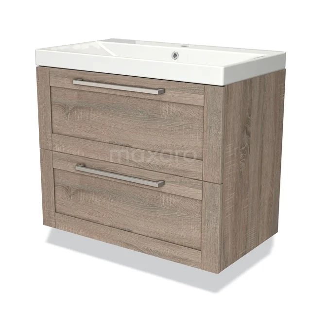 Houten badkamermeubel met twee lades en witte keramische wastafel, ideaal voor moderne badkameropslag.