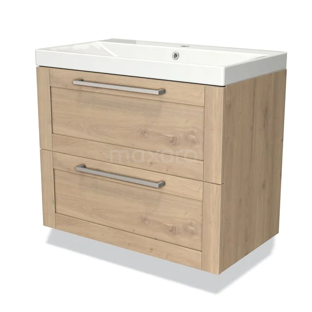 Holz-Waschtisch mit weißem Keramik-Waschbecken, zwei Schubladen und chromfarbenen Haltegriffen, ideal für ein modernes Badezimmer.