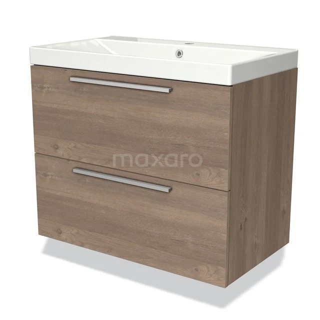 Modulo Vanity units with basin | 80 cm Mid brown oak Flat front Ceramic 2 Stacked drawers BMW17-02980