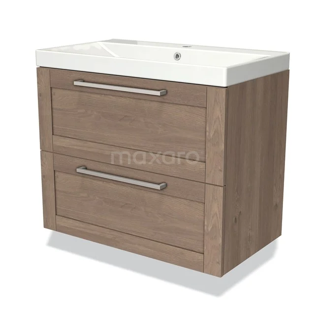 Houten badkamermeubel met twee lades en een witte wastafel, modern design van eiken fineer.