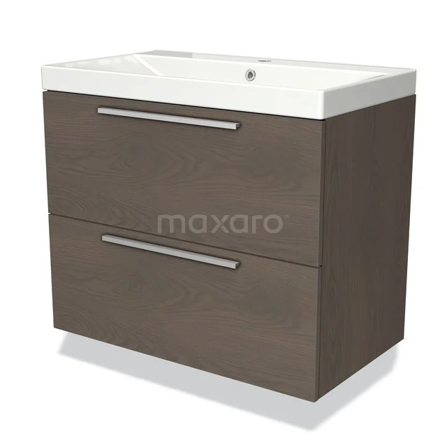 Moderne badmeubelset, bruine houten kast met twee lades en witte keramische wastafel, geschikt voor stijlvolle badkamers.