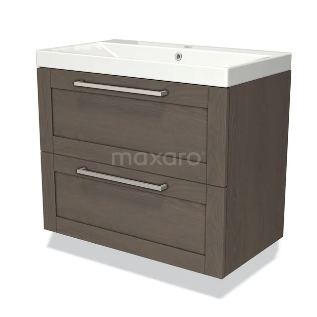 Houten badkamermeubel met twee lades, donkerbruin, strak design, witte ingebouwde wastafel, ideaal voor moderne badkamers.