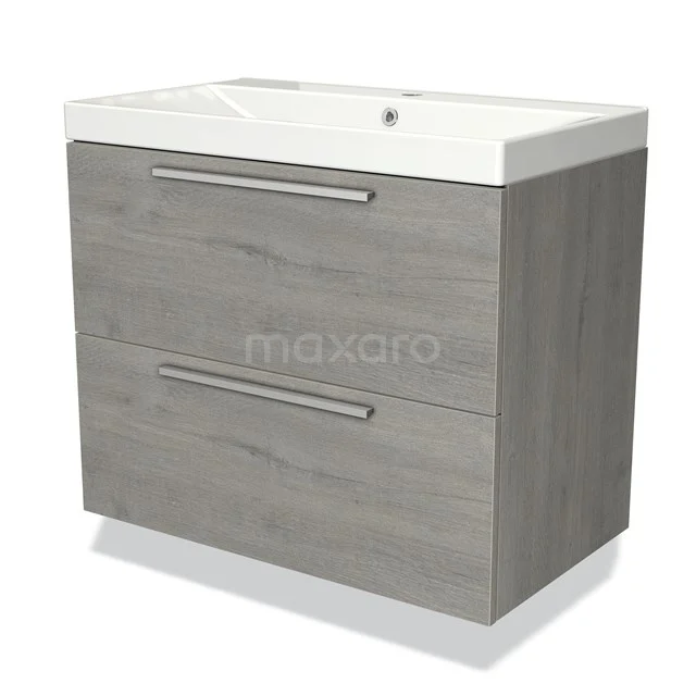 Bathroom unit grey wood-look with two drawers and integrated vanity units with basin, modern design for optimal storage space.