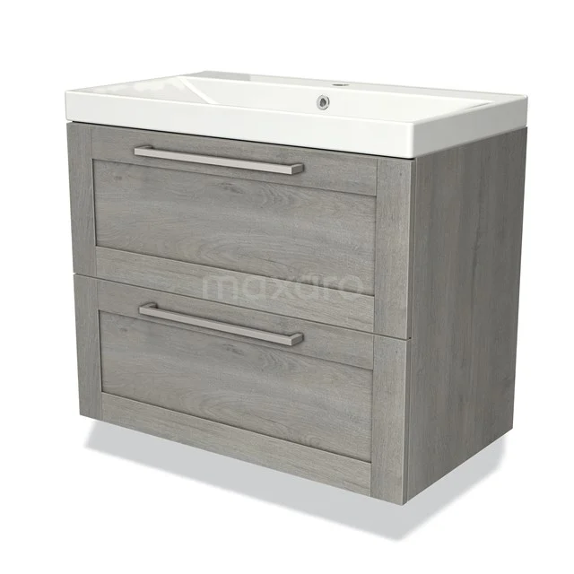 Grey wooden bathroom furniture set with two drawers, white basin and metal handles. Perfect for a modern bathroom style.