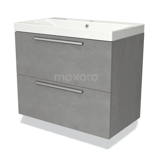 Graue Badmöbel mit weißem keramischen Waschbecken, zwei Schubladen und schickem Design; ideal für moderne Badezimmeraufstellungen.