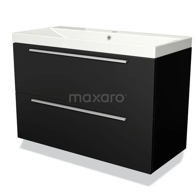 Black bathroom vanity unit with two drawers, glossy finish and white ceramic sink, modern and stylish design.