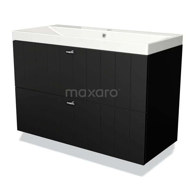 Zwarte badkamermeubel met twee lades, witte keramische wastafel en chromen handgrepen; modern ontwerp met strak afwerking.