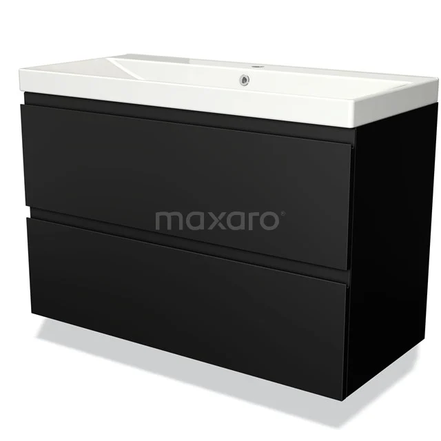 Zwart badkamermeubel met witte wastafel, moderne strak design, twee lades, geschikt voor eigentijdse badkamers.