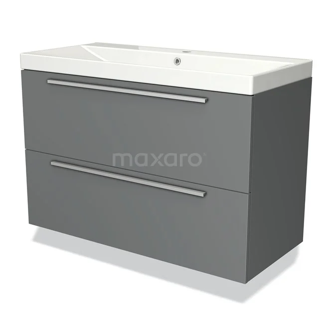 Grijze badkamerkast met twee lades, witte keramische wastafel en strakke metalen handgrepen, ideaal voor moderne badkamers.