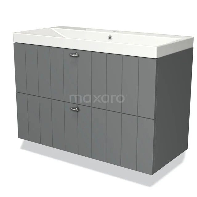 Grey bathroom furniture set with double drawers, vertical pattern, white ceramic basin; modern and stylish design.