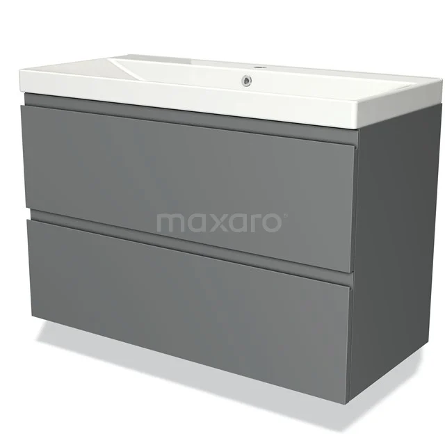 Grijze badkamerkast met twee lades en een witte keramische wastafel, ideaal voor moderne badkamerruimtes.