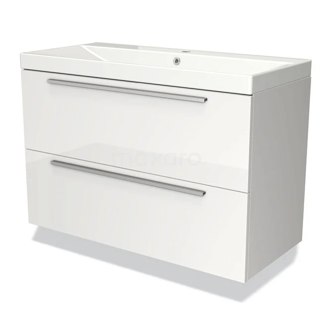 White bathroom cabinet with two drawers, modern design, high-gloss finish and integrated basin.