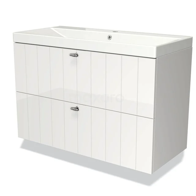 White bathroom furniture set with two drawers, wooden panel look, including integrated basin with tap opening.