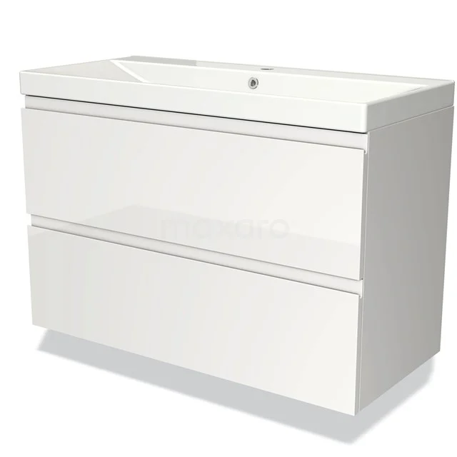 Wit badkamermeubel met keramische wastafel, moderne twee-ladenvorm, strak design uit premium collectie.