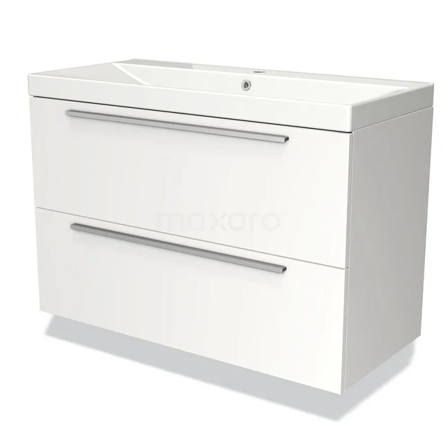 Wit badkamermeubel met twee lades en metalen handgrepen, modern design, ideaal voor opslag in de badkamer.