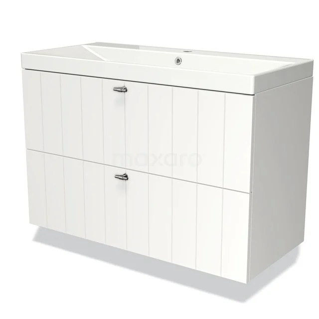 Wit badkamermeubel met twee lades en wastafel, voorzien van verticale groeven en een modern design.