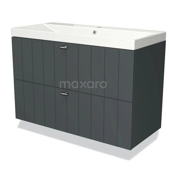 Grijze wastafelmeubel met dubbele lades en witte wasbak, ideaal voor een moderne badkamer.