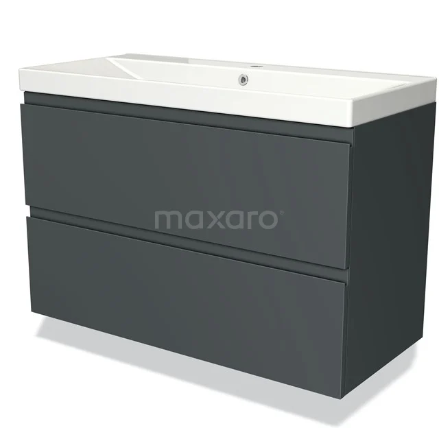 Donkergrijze badkamerkast met twee laden, wit keramisch wastafelblad, modern design en hoogwaardig houtmateriaal.