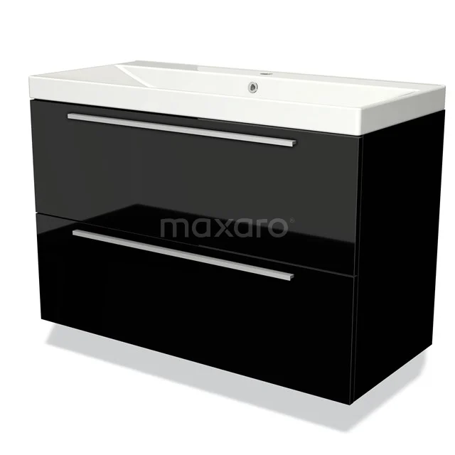 Zwart glanzend badkamermeubel met wastafel, twee brede lades en strak design voor moderne badkamers.