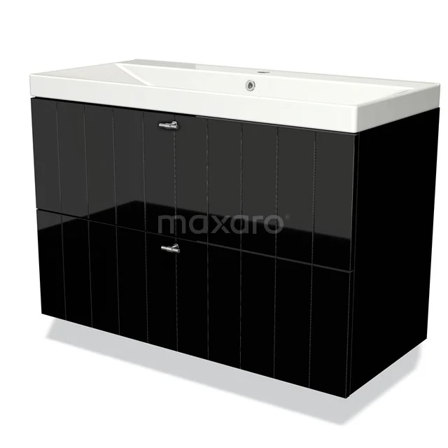 Black high-gloss bathroom cabinet with white basin, two drawers and chrome handles, ideal for modern bathrooms.