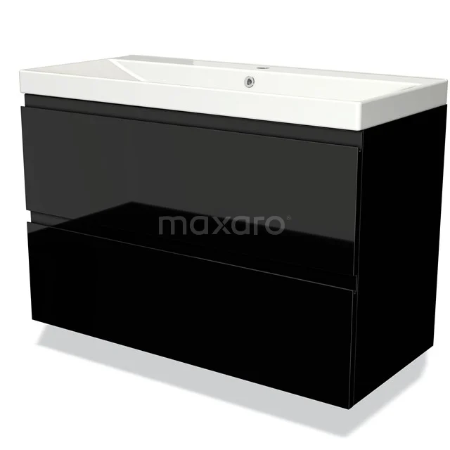 Zwarte badmeubelset met twee lades en een wit keramisch wastafelblad, moderne uitstraling voor elke badkamer.