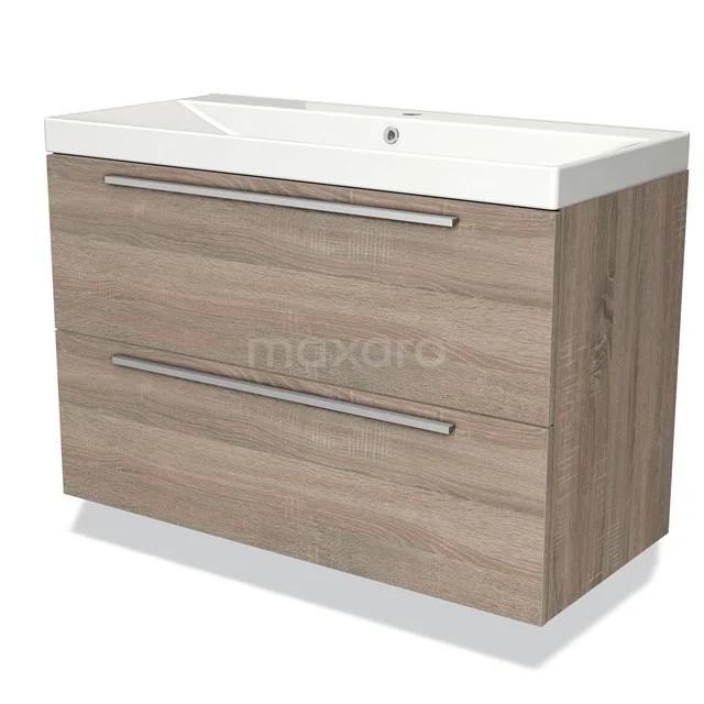 Wooden bathroom unit with two wide drawers, white ceramic vanity units with basin and modern silver handles.