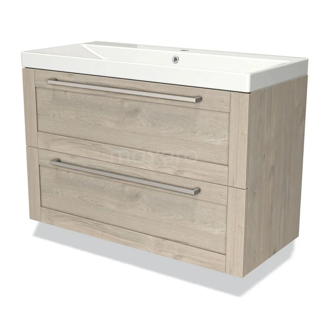 Houten badkamermeubel met twee lades, licht eiken afwerking en wit keramische wastafel, ideaal voor een moderne badkamer.