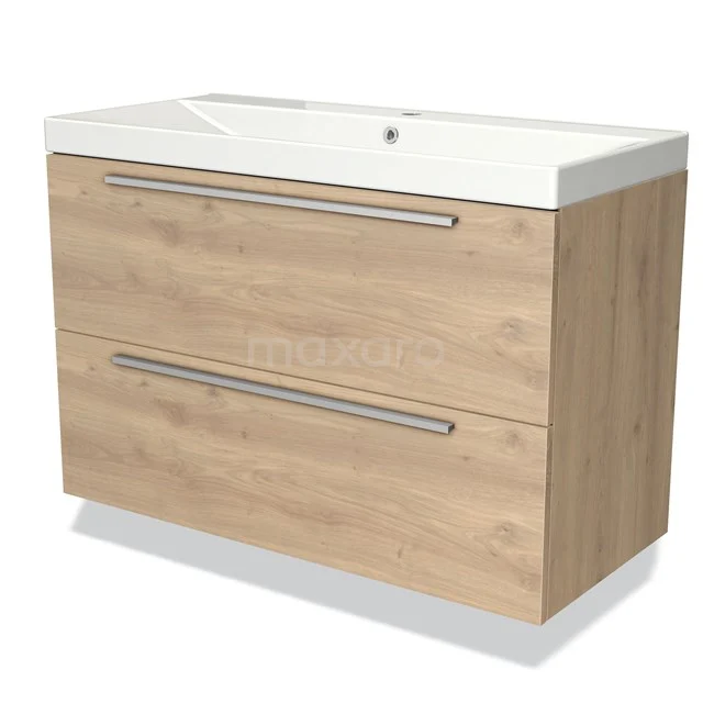 Wooden bathroom unit with two drawers, white ceramic vanity units with basin and modern handles, perfect storage solution.