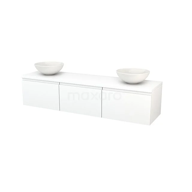 White, modern bathroom unit with three drawers and double countertop wash basins, ideal for a stylish and organised bathroom.