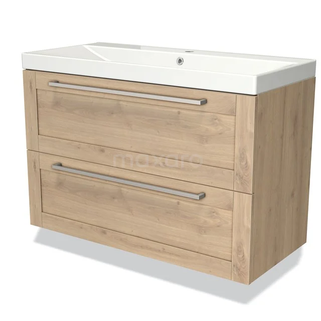 Houten badkamermeubel met twee lades, geïntegreerde wastafel, eigentijds design en chromen handgrepen.