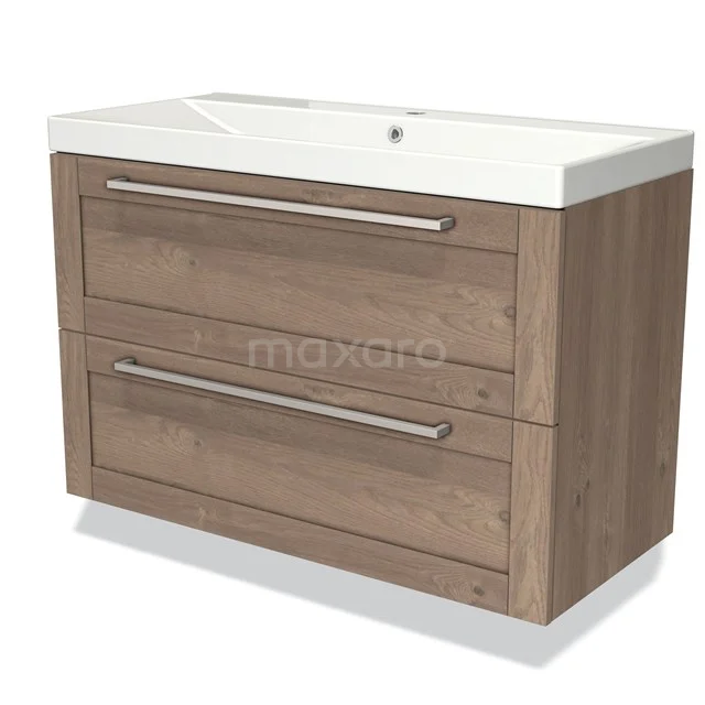 Houten badkamermeubel met twee lades, wit keramische wastafel, modern design, ideaal voor stijlvolle badkameropslag.