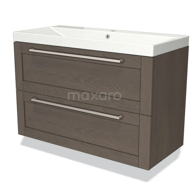 Houten badkamermeubel met twee ruime lades en een wit keramische wastafel, ideaal voor stijlvolle badkameropslag.