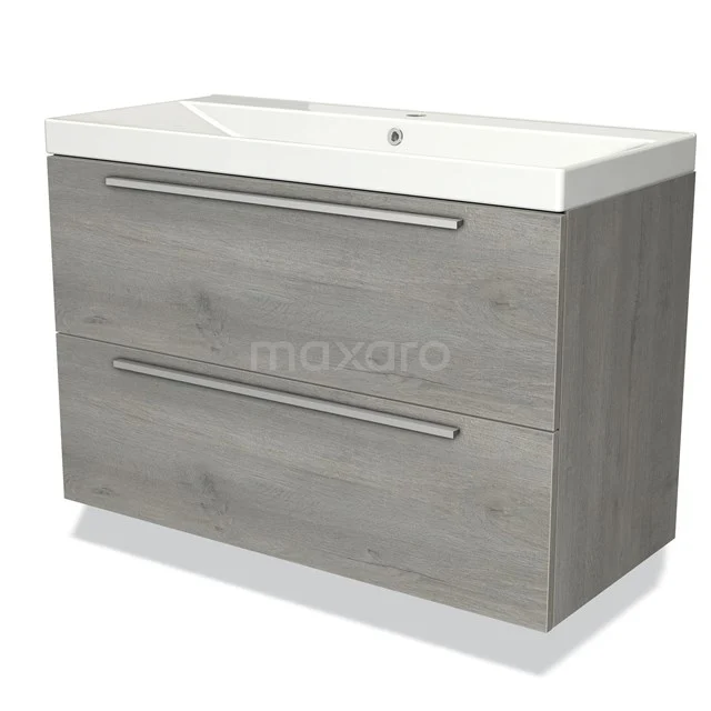 Grijze houten badkamermeubel met twee lades en een witte wasbak, modern design voor stijlvolle badkamerinrichting.