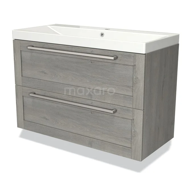 Grijs houten badkamermeubel met witte wastafel, twee lades en een modern design, ideaal voor een stijlvolle badkamer.