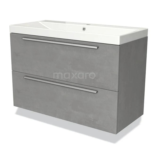 Grijze badkamermeubelset met twee ruime lades, betonlook afwerking, en een geïntegreerde witte wastafel voor moderne badkamers.