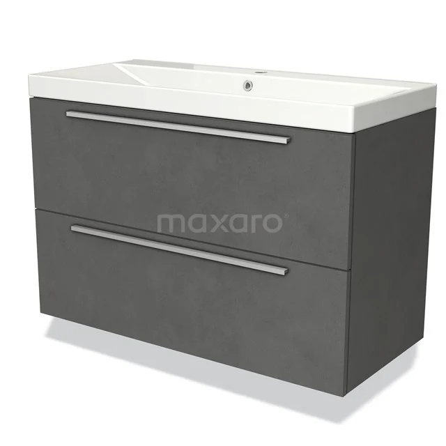 Grijze badmeubelset met dubbele lade, keramische wastafel en moderne uitstraling, ideaal voor een stijlvolle badkamer.