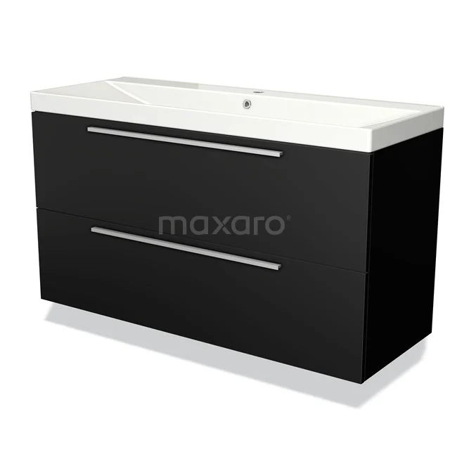 Zwarte wastafelonderkast met twee lades, glanzende afwerking en keramische wastafel, ideaal voor een moderne badkamer.