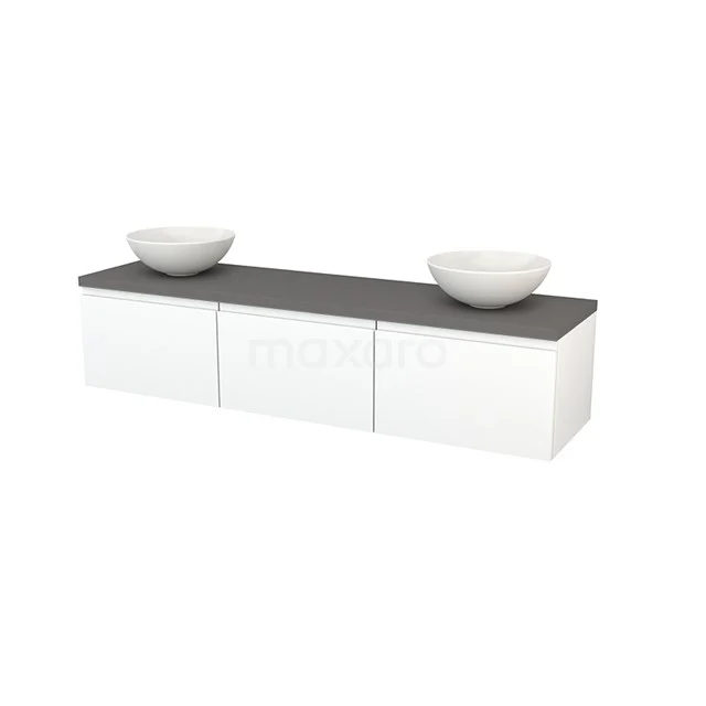 White bathroom furniture set with double basin bowls and a grey worktop, modern design made of durable materials.