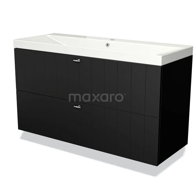 Zwart badkamermeubel met twee lades, witte keramische wastafel en modern design uit de Elegance-serie.