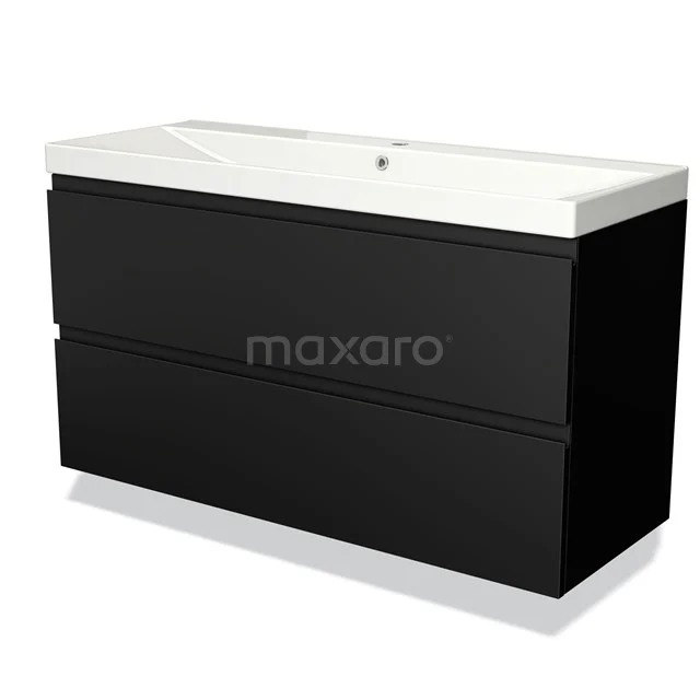 Zwarte wastafelmeubelset met glanzende afwerking, twee lades en witte keramische wasbak, ideaal voor moderne badkamers.