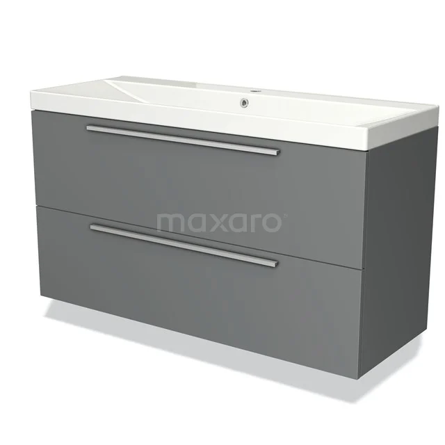 Grey bathroom cabinet with two drawers, white ceramic basin, modern design, suitable for stylish bathroom design.
