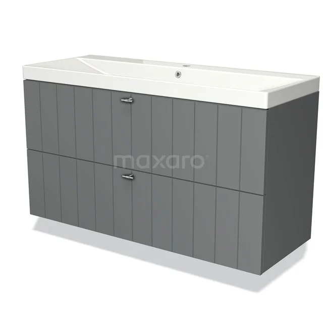 Grijs badkamermeubel met wastafel, verticale lijnen, twee lades, modern design. Perfect voor een stijlvolle badkamer inrichting.