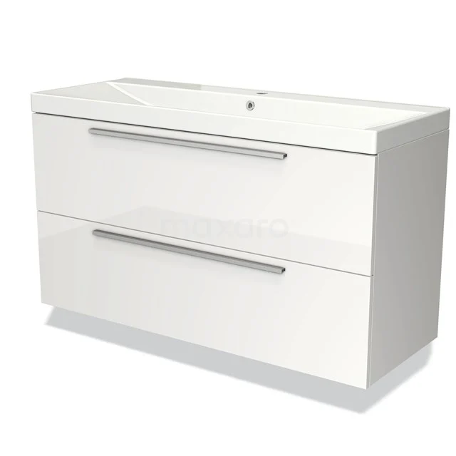 Witte badmeubelset met dubbele lades, strak design en geïntegreerde wastafel. Perfect voor moderne badkamer inrichting.