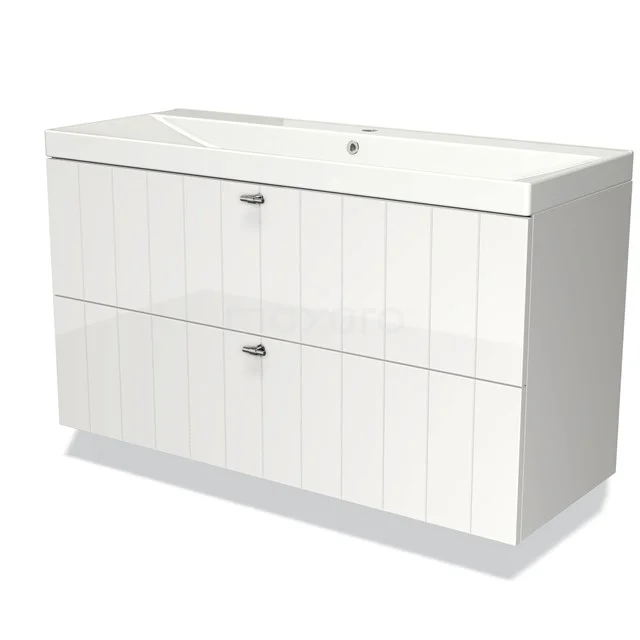 White bathroom unit with two drawers, glossy finish and integrated vanity units with basin, ideal for stylish bathroom storage.