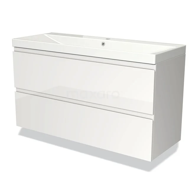 Witte badkamermeubelset met dubbele lade, strak design, glanzend afwerking en geïntegreerde wastafel voor een moderne badkamer.