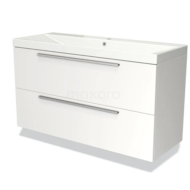 Witte badkamermeubel met twee lades, strakke lijnen en chromen handgrepen, ideaal voor moderne badkamers.